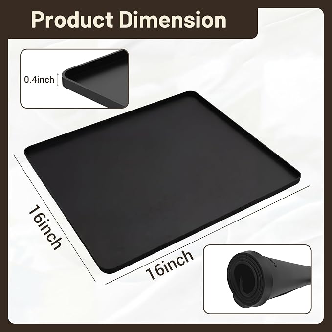 ZJWZLG Silicone Coffee Mat for Countertop, 16x16 inch - Heat Resistant Espresso Machine Mat with Raised Edge, Non-Slip Waterproof Station Pad, Compact Coffee Bar & Kitchen Accessories - Black