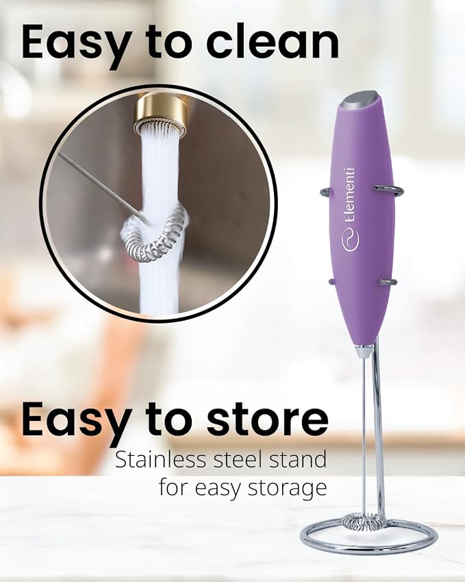 Elementi Milk Frother Wand & Drink Mixer with Stand - Turbo Milk & Coffee Frother Handheld - Hand Held Coffee Mixer Wand & Cold Foam Maker for Frothy Cappuccinos, Lattes & Drink Mixes (Lavender)