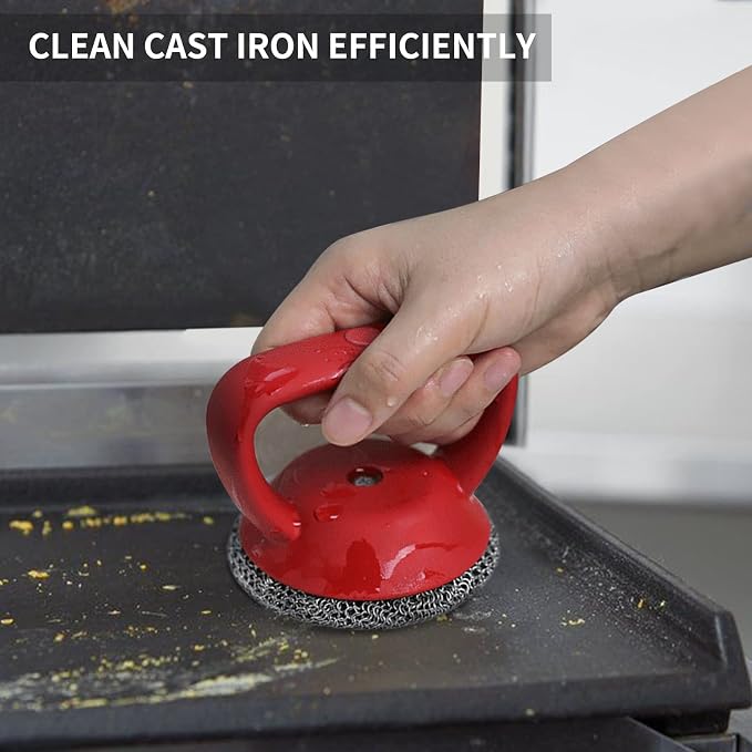 Cast Iron Cleaner Scrubber with Heavy Duty Handle, 3mm Welded Chain Mail | Fine Ring,Stainless Steel Sponge Chainmail Scrubber, Skillet Oven Grill Cleaning Metal Brush -Dishwasher safe,Heat Resistant