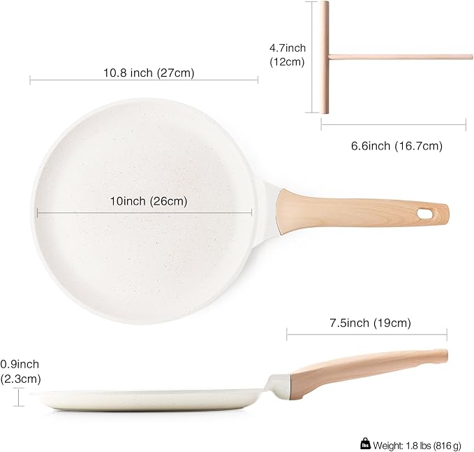 Kordisen Crepe Pan Nonstick, 10 Inch Healthy Coating Comales para Tortillas Dosa Pan with Spreader, Induction Compatible, PFOA Free (White)
