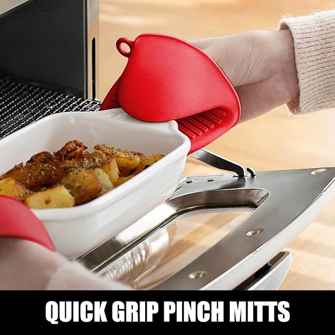 RORECAY Silicone Oven Mitts and Pot Holders Sets, Gloves for Kitchen, Red | Set of 6 Kitchen Mitts for Baking & Cooking, Heat Resistant 500 ℉, 15" Extra Long, Non-Slip & Waterproof, Quilted Cotton