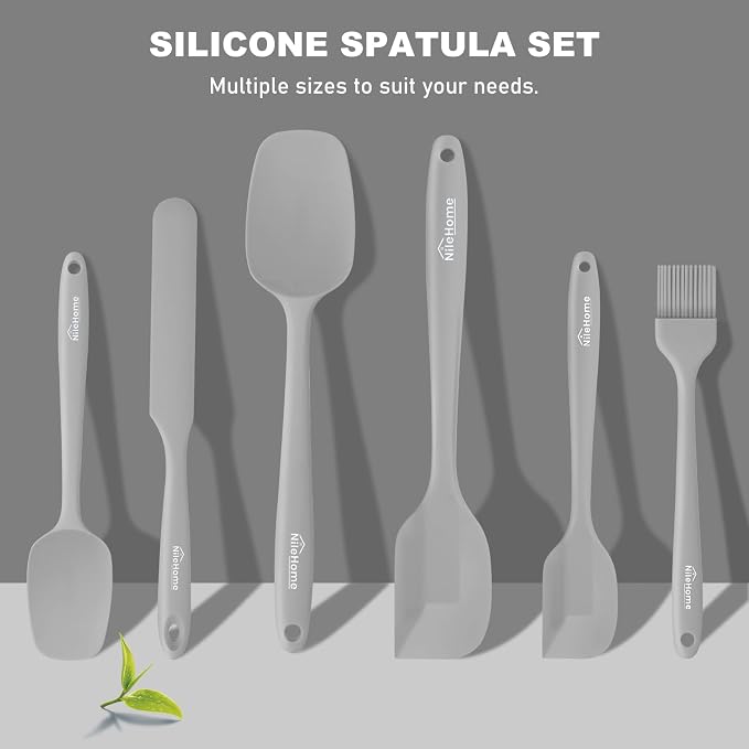 NileHome Silicone Spatula Set, 6 Pieces Food Grade Kitchen Utensils with Silicone Brush Heat Resistant Up to 600°F Dishwasher Safe BPA-Free Rubber Spatula for Scraping, Baking, Cooking, Mixing-Grey