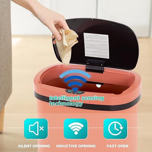 BestOffice | 13 Gallon Plastic Trash Can with Lid | Pink | Automatic Touchless Garbage Can | Odor Control | Modern Oval Design | Easy to Clean | For Kitchen, Bathroom, Office or Home