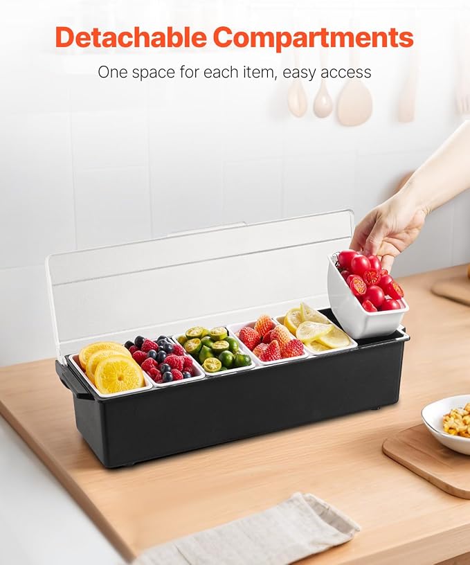 VEVOR Chilled Condiment Server, 6 Compartment Ice Cooled Condiment Serving Container, Chilled Garnish Tray Bar Caddy with Lid, for Bartending & Serving Taco, Salad, Fruit, Home & Restaurant Supplies