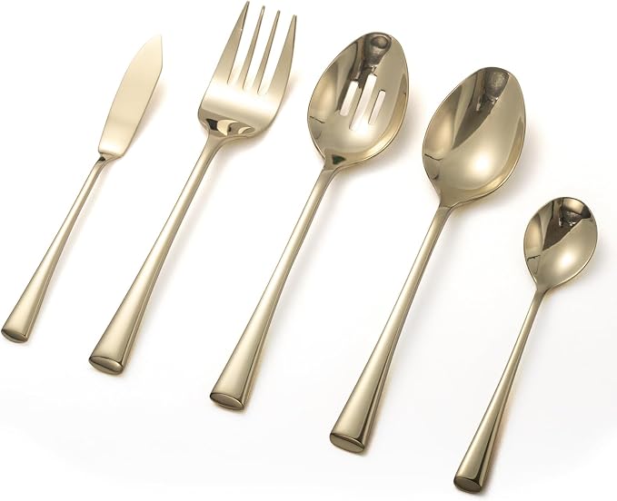 Alata Bailey Champagne Gold 45-Piece Forged Stainless Steel Flatware Set Cutlery Set With Utensil-Serving Set, Service for 8, Silver Finish, Dishwasher Safe