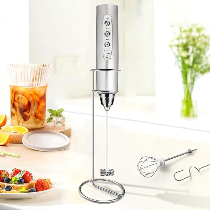 Milk Frother Wand Rechargeable Handheld Electric Whisk 3 Speed Adjustable | Coffee Frother Wand with 3 Stainless Whisks Electric Foam Maker Drink Mixer Blender for Latte Cappuccino Matcha Egg