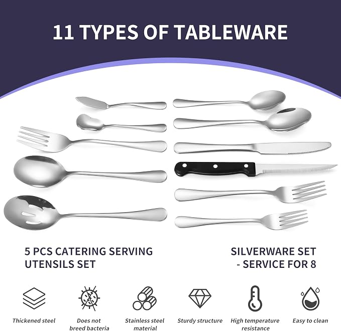 Lazycorner 53 Piece Silverware Set for 8, Flatware Set with Steak Knives for 8 and 5 Public Serving Use Set 18/10 Stainless Steel Serving Utensils Set Cutlery Set For Restaurant Hotel Dishwasher Safe