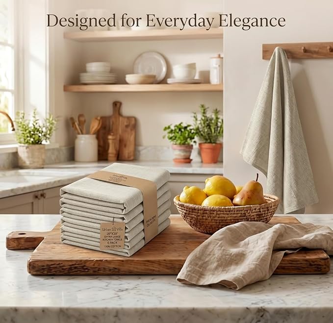 Urban Villa Kitchen Towels Cotton Dish Towels 20”x30” (Set of 6) Beige/White