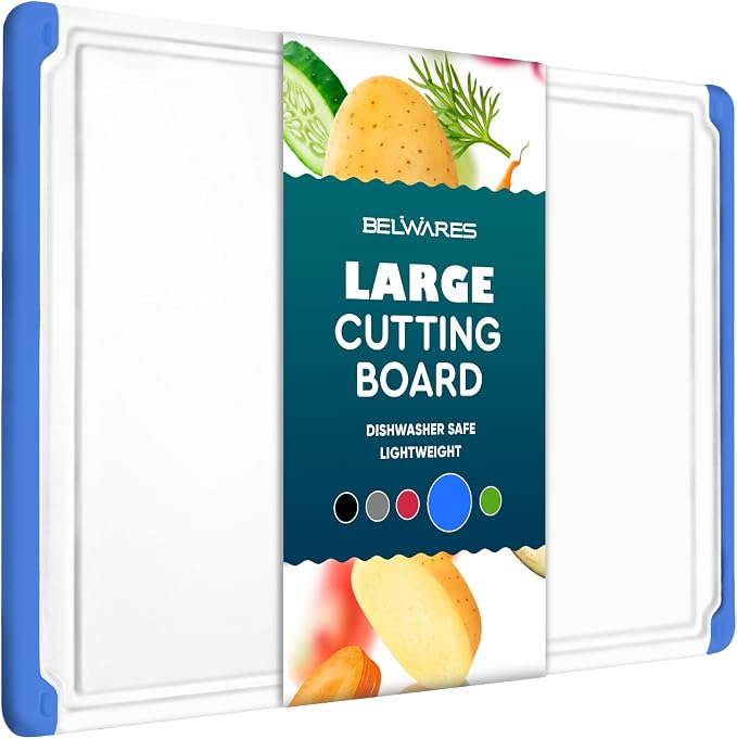 Extra Large Plastic Cutting Board for Kitchen - Blue 18-Inch Dishwasher Safe Chopping Board, Reversible Cutting Board with Juice Groove + Non Slip Feet for Meat, Fruit, Vegetables by Belwares