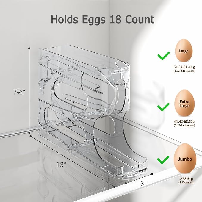 Clear FIFO Egg Holder for Fridge, Egg Dispenser for Eggs 36 Count | 2-Pack Automatic Rolling Egg Organizer for Refrigerator, Space-Saving Egg Roller/Container/Storage for Kitchen Countertop