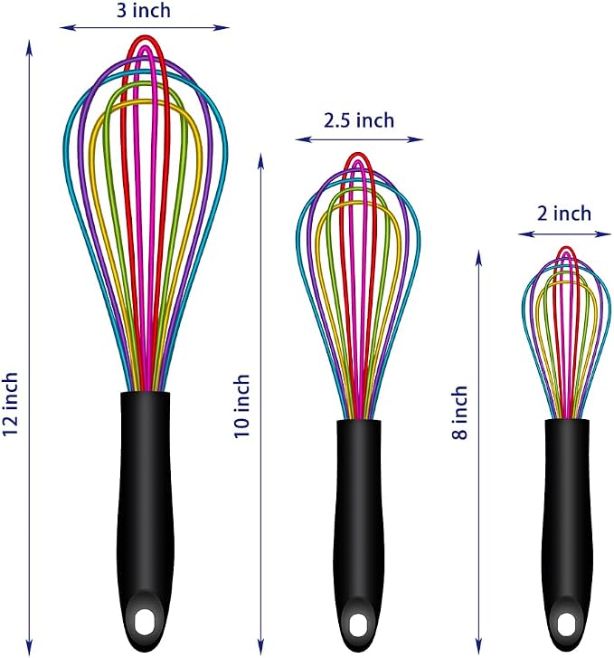 OYV Rainbow Silicone Whisk Set of 3, 8/10/12 Inch, Dishwasher Safe,Colorful | Sealed Waterproof Handles, Non-Scratch Silicone-Coated Wires, Nonstick-Safe, Durable Stainless Steel Cores, Easy To Clean