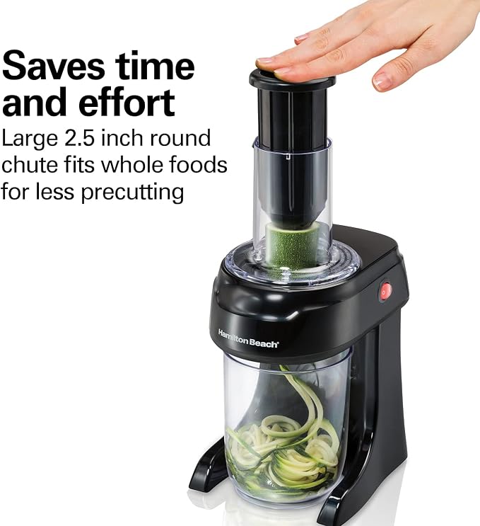 Hamilton Beach 3-in-1 Electric Vegetable Spiralizer for Veggie Noodles, Zoodle Maker & Slicer With 3 Cutting Cones for Spaghetti, Linguine, and Ribbons, 6-Cups, Black (70930)