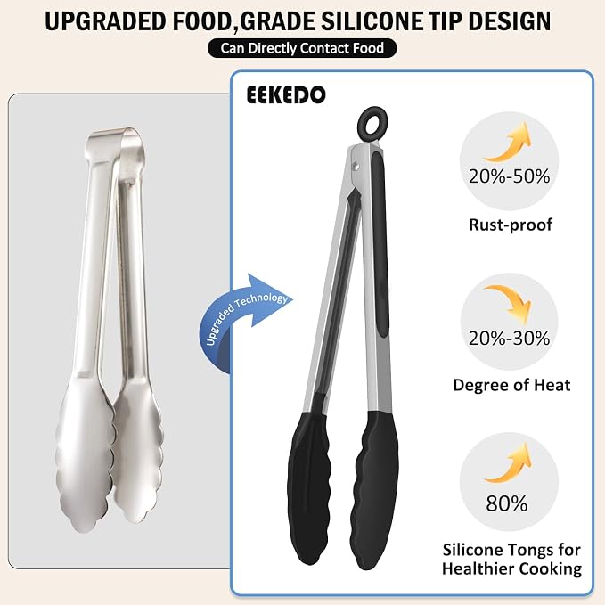 Kitchen Tongs, Stainless Steel Cooking Tongs with Silicone Tips, 600ºF High Heat-Resistant Non Scratch Locking Tongs for Cooking BBQ Grilling Air Fryer Pans, Set of 3 (7" 9" and 12") Black