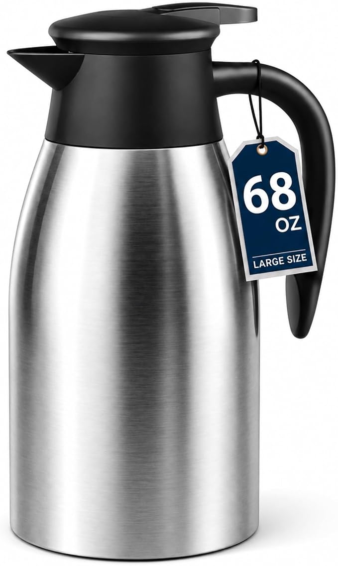 Thermal Coffee Carafe for Keeping Hot – 68OZ Insulated Camping Coffee Pot | 304 Stainless Steel Coffee Flask, Tea Pitcher for Hot Drinks Liquid Water, Insulated Beverage Dispenser for Parties