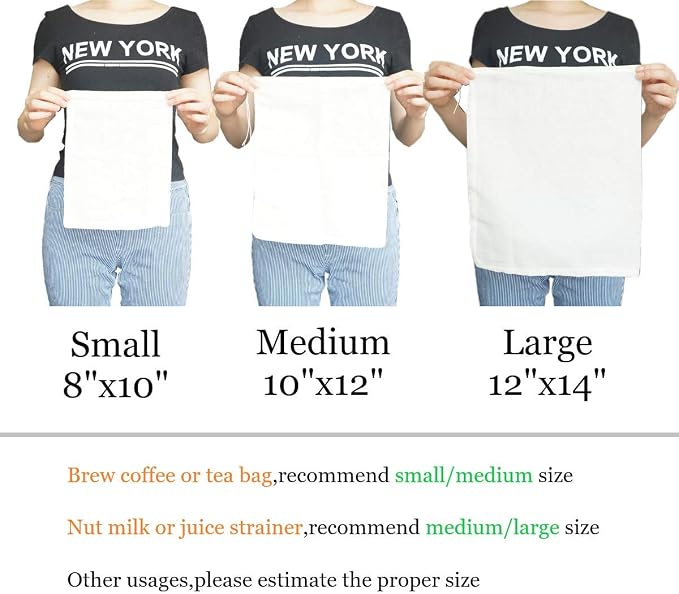 Cheesecloth Bags for Straining,Reusable Cold Brew Coffee Cheese Cloths Strainer,Large Nut Milk Tea Juice Bag,100% Natural Cotton Fine Mesh Filter Bags(Small,2 Pack)