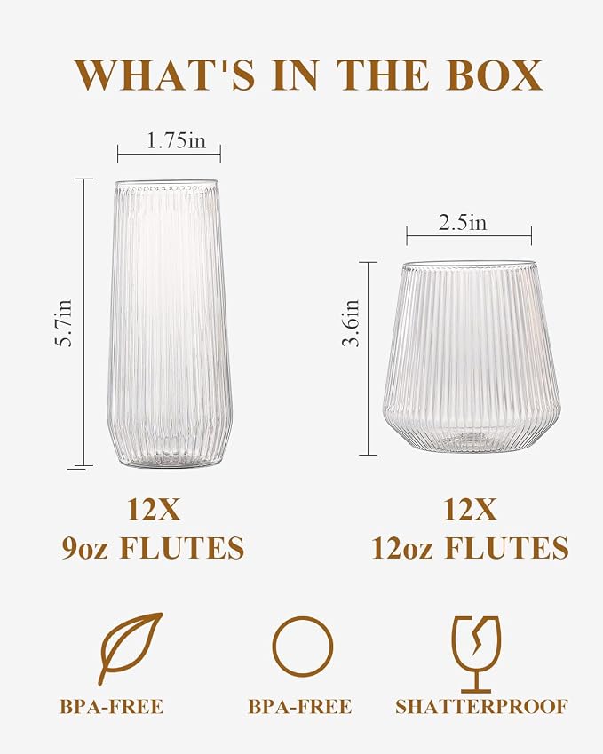 BESTSTAR 24 Pack Clear Plastic Ribbed Origami Ripple Plastic Glasses Set | 12 9 OZ Stemless Champagne Flutes & 12 12OZ Cups, BPA-Free Shatterproof Clear Drinkware for Weddings, Parties & Events