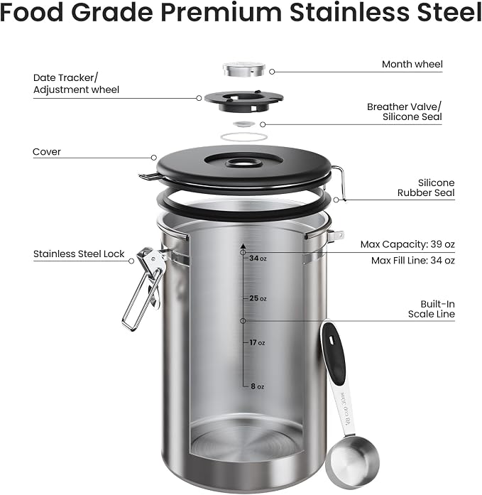 Veken Coffee Canister,39OZ, 2.2lbs,Large Airtight Stainless Steel Container | Kitchen Food Storage Jars for Beans,Ground, Espresso, Rice,Tea, Sugar, Cereal, Cookie,Gifts, Lids, Scoop, Silver