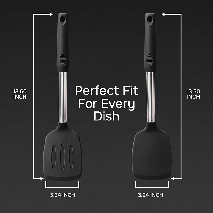 Silicone Spatula Set (2-Pc) - 600°F Heat Resistant, BPA-Free, Non-Scratch, Dishwasher Safe I Slotted & Solid Kitchen Spatula Turner I Ideal for Eggs, Pancakes, Fish I Stainless Steel I Black