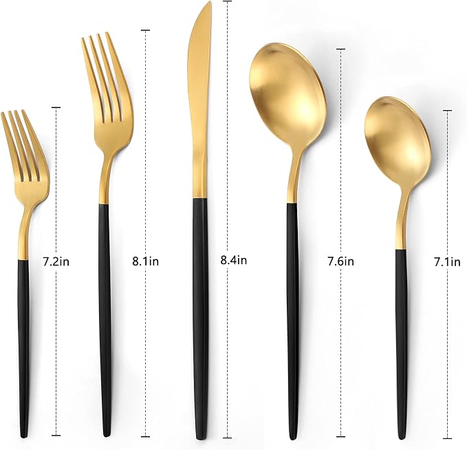 VANVRO Matte Black Gold Silverware Set, 20-Piece Stainless Steel Flatware Set, Satin Finish tableware Cutlery Set, Service for 4, Home and Restaurant, Dishwasher Safe