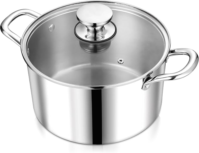 P&P CHEF 6 Quart Tri-Ply Stainless Steel Stock Pot, Cooking Pot with Lid | 6 Qt Stockpot for Soup Pasta Vegetable, Induction Cookware for All Stoves, Sturdy & Double Handle, Oven & Dishwasher Safe