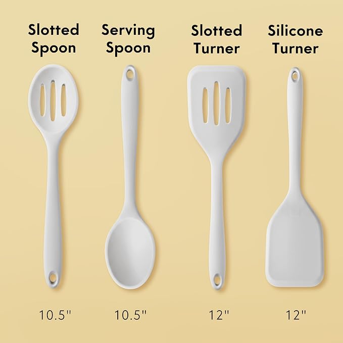 NonToxic Platinum Silicone Utensils, 100% Plastic-Free, 4-Pcs, Gray | LFGB-certified platinum silicone. Solid steel core, no hidden plastics. 500°F heat resistant. Non-scratch. Dishwasher safe