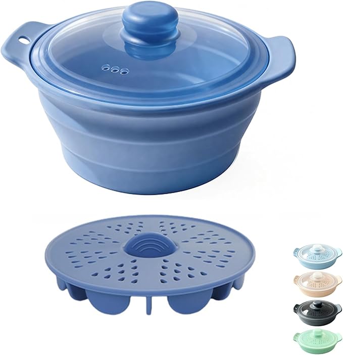 42oz Silicone Microwave Food Steamer with Steam Basket, Collapsible Steamer for Cooking Vegetable, Seafood, Dumplings, Rice Cooker, BPA Free Steam Pot with Handle & Lid, Dishwasher Safe (Dark Blue)