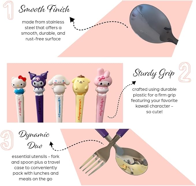 Stainless Steel Cutlery Tableware Flatware Silverware 3 Piece Set Portable Reusable Travel Cute Kawaii Anime Cartoon Dog Bunny for Boys and Girls (Purpleromi)