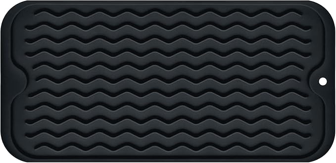 Silicone Dish Drying Mat, Non-Slip Easy Clean Sink Mat, Black, 12" x 6" | Quick-Dry Ridges, Large Heat-resistant Dish Drainer Mat for Kitchen Counter, Hangable & Roll-Up for Storage, Dishwasher Safe