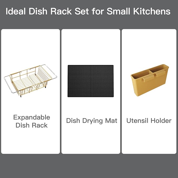 Gold Dish Drying Rack Over The Sink with Utensil Holder, Mat | Expandable Stainless Steel Dish Drainer for Small Kitchen, Apartment, RV, Counter Space Saving, Perfect Fit, Rustproof