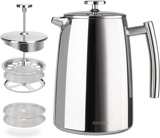 Secura French Press Coffee Maker, 34-Ounce, 304 Stainless Steel Insulated Coffee Press with Extra Screen
