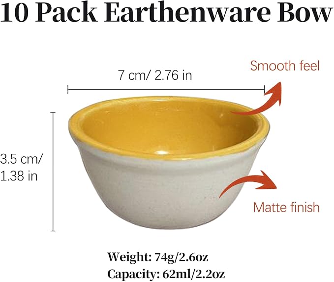 Small Earthenware Ramekins Custard Bowls, 10 Pack Mini Dipping Sauce Cups Pinch Bowl, Little Kitchen Condiment Ingredient Prep Salad Dishes, Dishwasher Microwave Freezer Safe