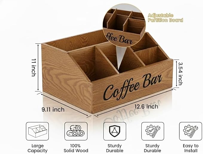 2 Pack Coffee Station Organizer for Countertop – Wooden Coffee Bar Organizer with Adjustable Dividers,Holds K Cup Pod & syrup bottles, for Kitchen, Office, or Bar and Tea Station, Brown