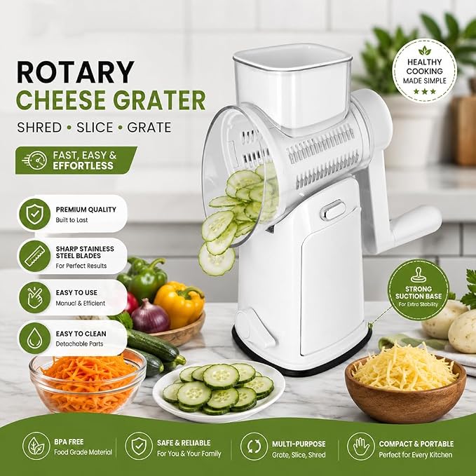 Rotary Cheese Grater with Hand Crank - Cheese Shredder with 5 Interchangeable Stainless Steel Blades, Suction Base & Ergonomic Handle | Vegetable Slicer, Food Grater for Cheese, Nuts & Chocolate
