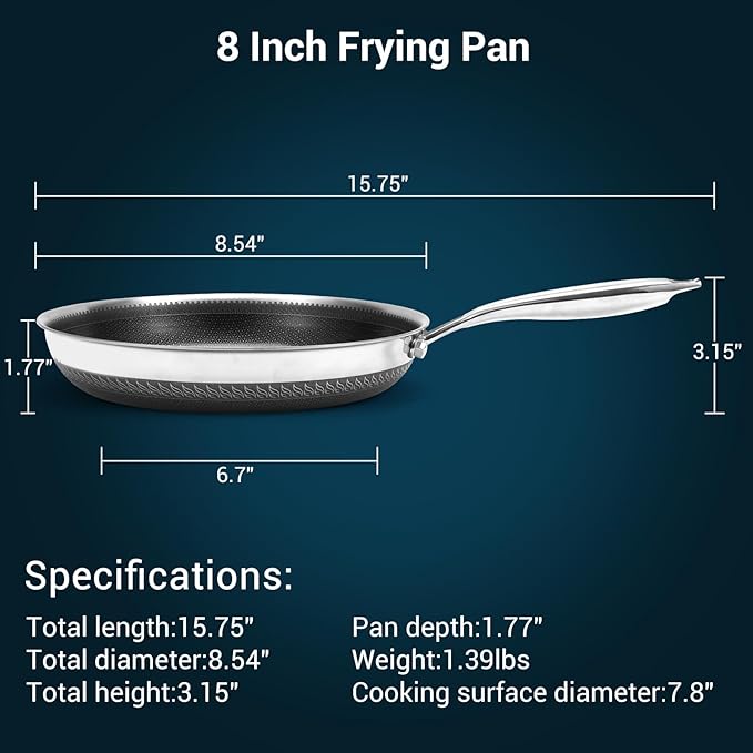 8 Inch Tri-Ply Stainless Steel Hybrid Frying Pan, Ceramic Nonstick Skillet, Induction & Oven Safe 600°F, PFAS/PFOA Free Professional Clad Cookware