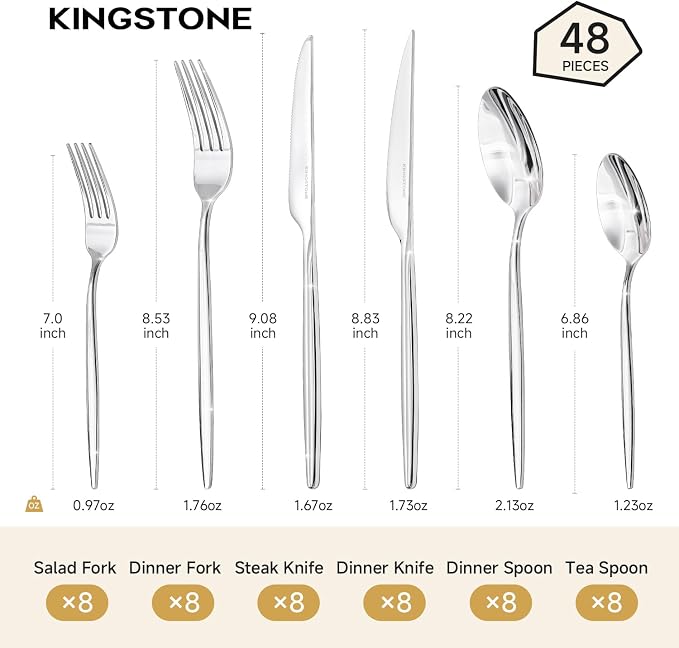 48 Piece Silverware Set for 8 with Steak Knives, 18/10 Stainless Steel | KINGSTONE Flatware set, Mirror Polished Fork Knives Spoon Utensils,Cutlery set for Home Restaurant Wedding, Dishwasher Safe