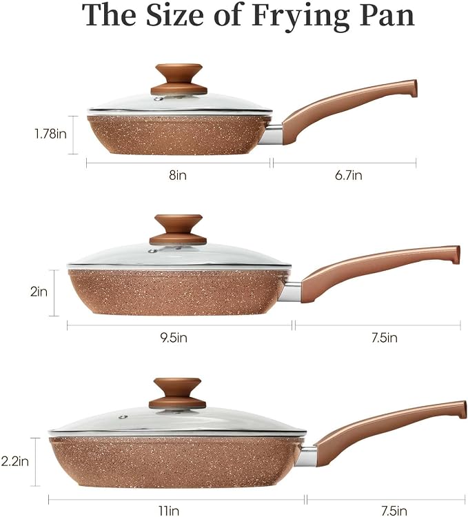 Innerwell Nonstick Ceramic Frying Pans Skillets Set with Lid 8"+9.5"+11" | No Toxic Egg Omelette Frying Pan Set, All Stove Compatible, Healthy Granite Induction Cooking Pan, PFOA & PFAS Free, Gold