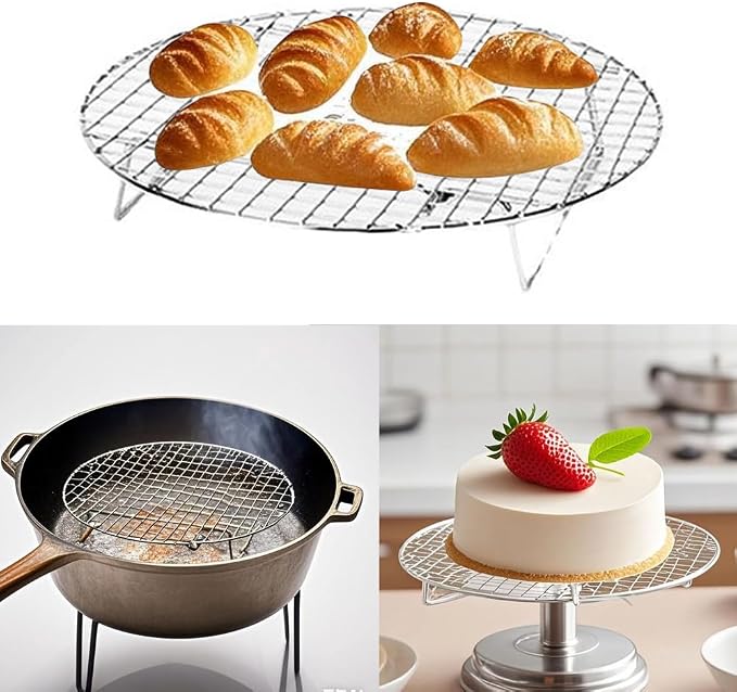 2 Pack Cooking Racks 10.5 inch Grids Steamer Baking Round Cooling Racks with Folding Feet Dehydrator Trays Stackable Barbecue Carbon Grates for Air Fryer