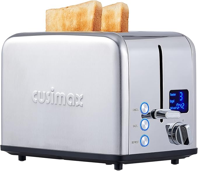 CUSIMAX 2 Slice Stainless Steel Toaster with Digital LED Display, Silver | 1.5" Wide Slots for Bagels & Thick Bread, Countdown Timer, 6 Browning Levels, Bagel/Defrost/Cancel, Removable Crumb Tray