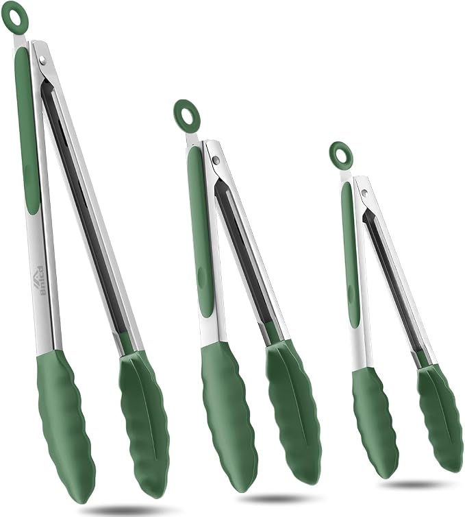 Good Grip Cooking Tongs with Silicone Tips, Set of 3-7" 9" and 12" | 600ºF Heat Resistant, 5-Layer Heavy Duty Stainless Steel, Pull Lock, Non Stick - Kitchen Tongs for Salad, Cooking and Frying