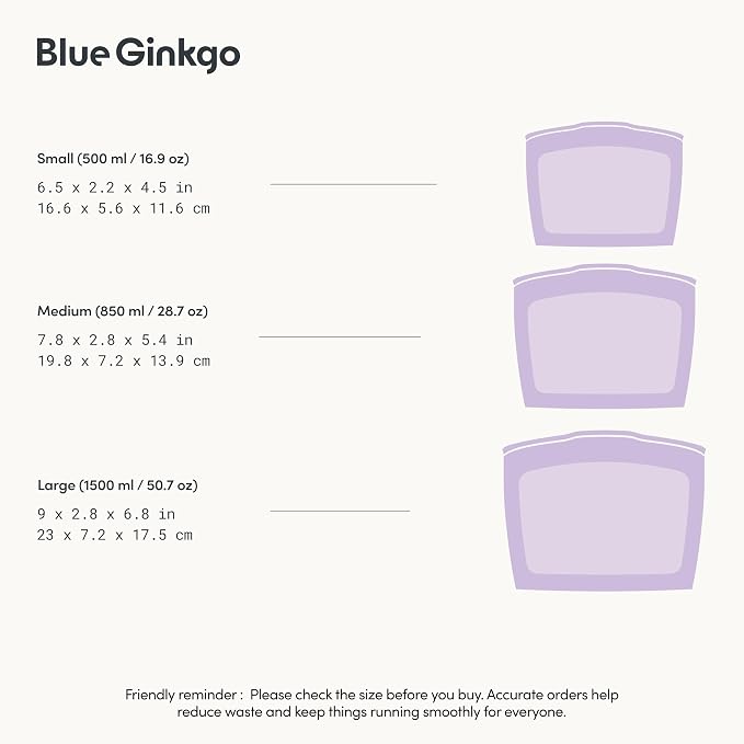 Blue Ginkgo Silicone Food Storage Bags, 3-Pack, Reusable, Made in Korea | Leakproof. Stand Up. Freezer and Dishwasher Safe. (Lavender)