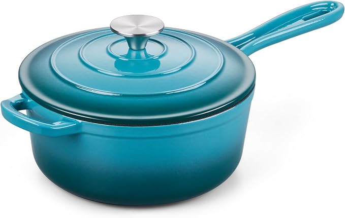 Onader 3QT Enameled Cast Iron Saucepan with Lid, Small Sauce Pan, Enamel Cast Iron Dutch Oven Cooking Pot, Nonstick & Heavy Duty – Dark Cyan