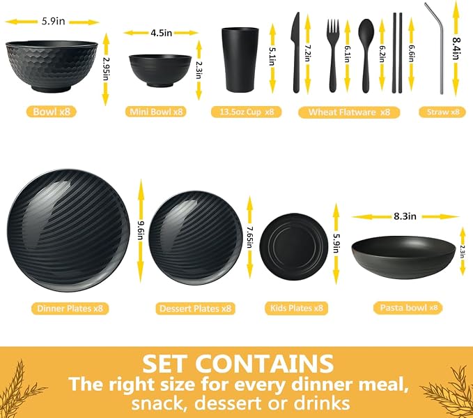 Teivio 96-Piece With Flatware Plastic Wheat Straw Dinnerware Set for 8 | Dinner/Dessert Plates, Cereal Fruit Bowls, Pasta Bowls, Cups, Unbreakable Dishwasher Safe Kitchen Outdoor RV Dish, Black