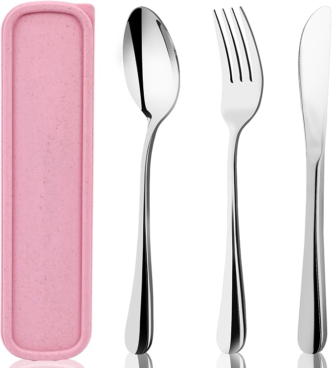 HANSGO Travel Utensils with Case, 4PCS Stainless Steel Portable Cutlery Set, Built-in Card Slot Design, Lunch Utensils for Work, School, Travel & Gifts for Women, Pink