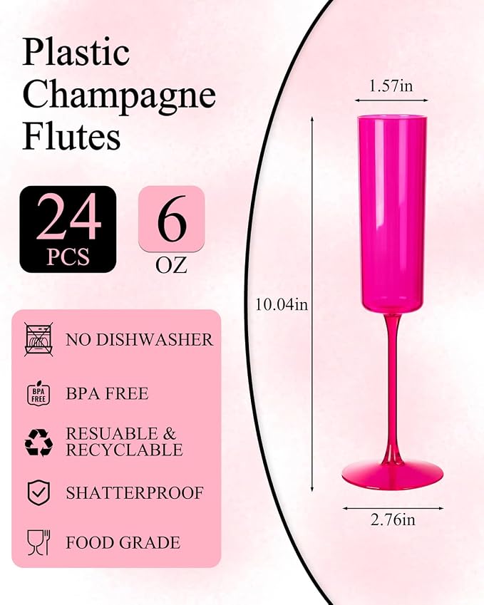 Ciaell 24 Pack Hot Pink Plastic Champagne Flutes for Weddings Birthdays | 6 oz Hot Pink Square Toasting Cups, Heavy Duty Plastic, Champagne Wine Cocktails Mimosas for Anniversaries Parties Bars