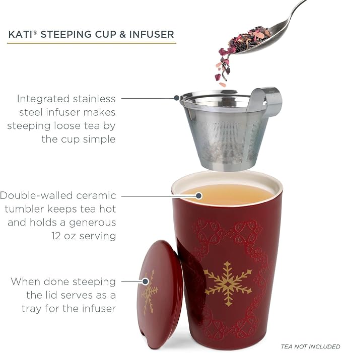 Tea Forte Double-Walled Ceramic Kati Cup, Warming Joy, 12 oz | Insulated Ceramic - Stainless Steel Loose Leaf Infuser - Keeps Tea Hot Longer - Lid Included - Great Teacher Gifts