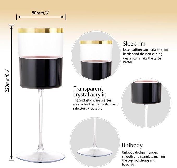 Ciaell 12 Pack Gold Plastic Wine Glasses for Weddings Outdoor Gatherings | 14 oz Gold Square Stemmed Cups, Heavy Duty Plastic, Wine Champagne Margaritas Whiskey for Parties Anniversaries Dinners