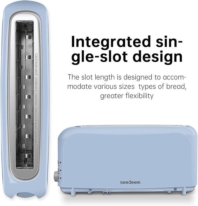 SEEDEEM 2 Slice Slim Toaster, 10" Long Slot, 6 Shade Settings, Blue | Long Slot, 6 Shade Settings, Cancel/Reheat/Defrost, Removable Crumb Tray