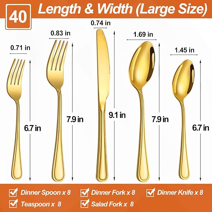 40 Pcs Gold Silverware Set for 8, Food Grade Stainless Steel Flatware Set, Eating Utensils Sets Include Fork/Knife/Spoon, Reusable Cutlery Set for Home Kitchen, Dishwasher Safe, Double-stripe