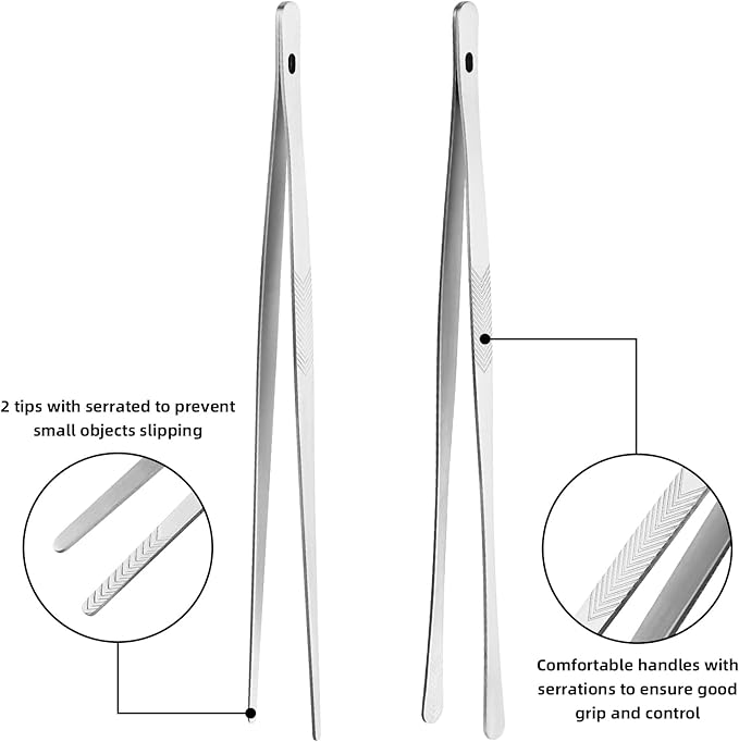 ChefBee 2PCS 12" Stainless Steel Kitchen Tongs Tweezers with Serrated Tips | Precision Grip, Chef Grade, Sturdy Kitchen Utensils, For Serving Food Pasta Salad, Suitable for Grill BBQ Culinary Use