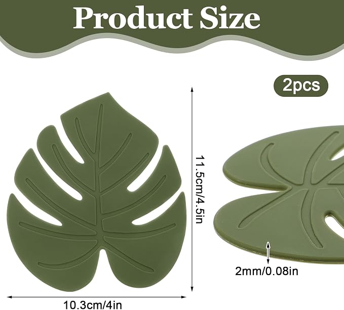 2 Pcs Plant Leaf Coaster, Cute Green Leaf Silicone Heat-Resistant Drink Trivet Mats Non-Slip Cup Pads for Table Countertop Kitchen Home Office Decor(4.13×4.72 Inch)